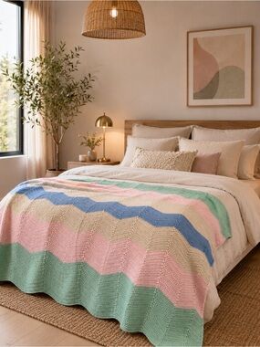 Pastel Chevron Knit Throw Blanket in Pink, Mint & Blue - Cozy Home Accent
